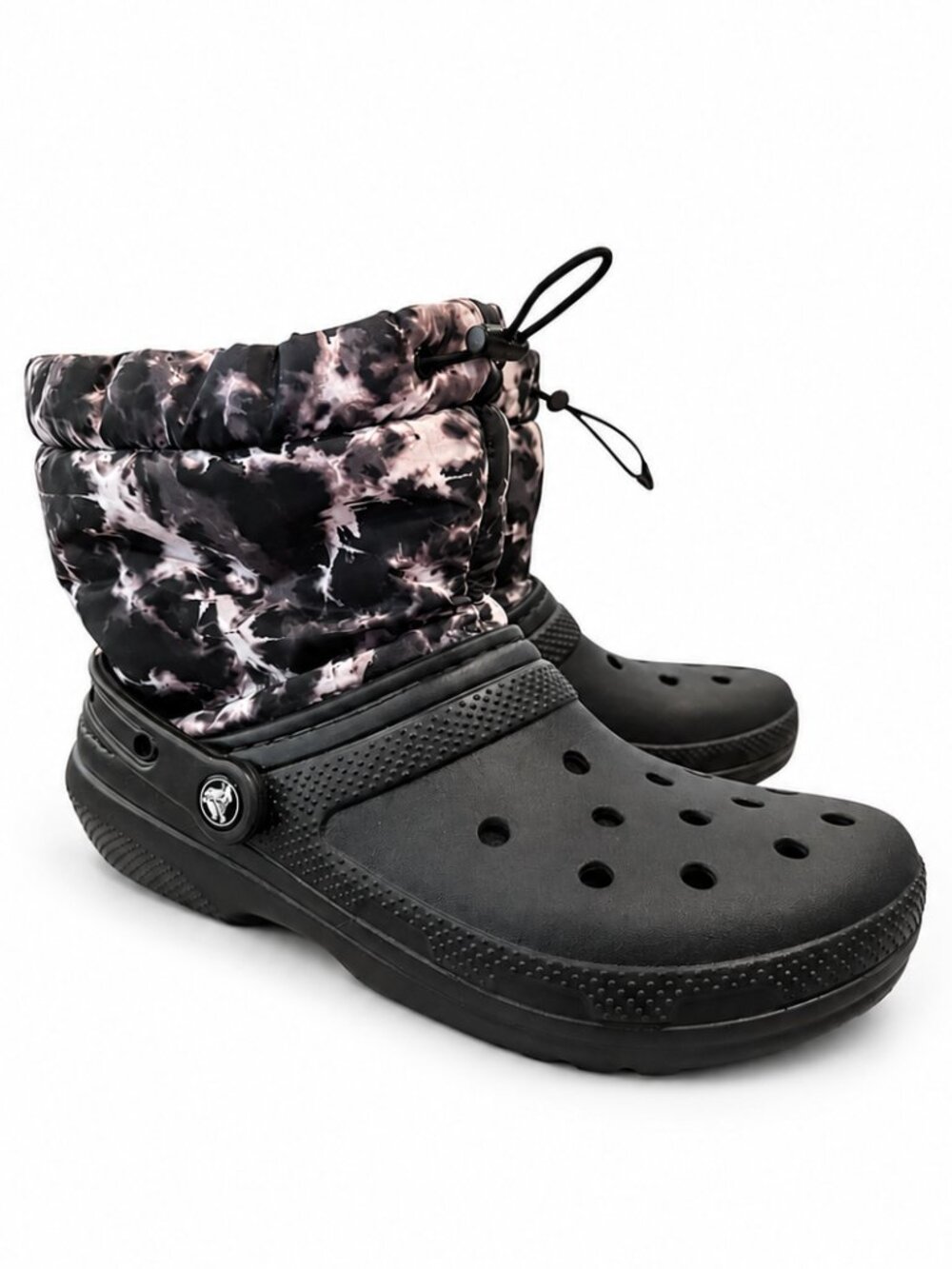 Crocs Classic Lined Neo Puff Boots Women’s 9 Black Tie Dye Fleece Winter Clogs